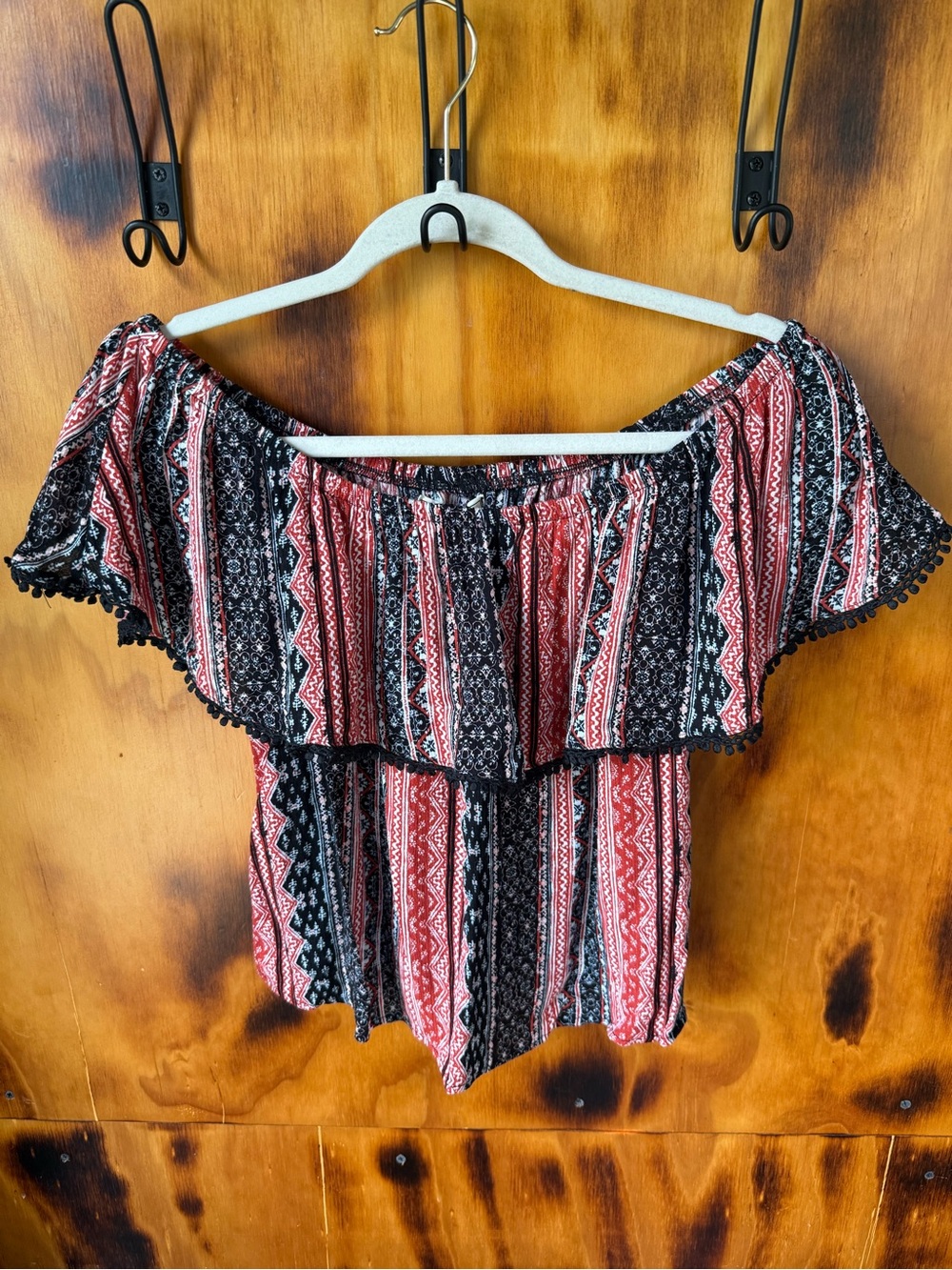 Off-Shoulder Striped Boho Crop Top in Red and Black